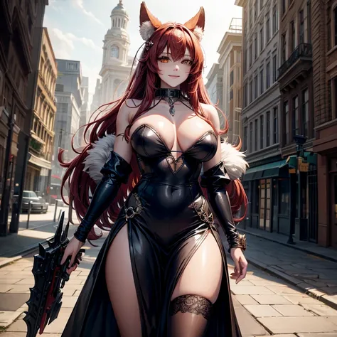 Walk in an apocalypse setting, [Best quality, shaded, extreme details, very detailed, ultra detailed, complex, realistic, perfect face], fenrir woman, thick fur, long hair, (red colored fur), almond eyes, smile discreet, serene face, wears a brooch around ...