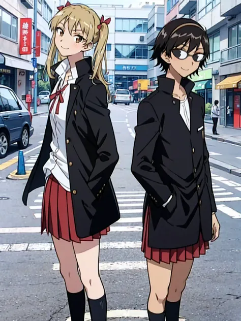 1 boy and 1 girl stand in the street,twintails,sawachika eri, brown eyes, hair ribbon,harimakenji, glasses, ,school uniform, red pleated skirt,eri,hairband, looking_at_viewer, serious, gakuran, white_shirt,smile,happy,two persons