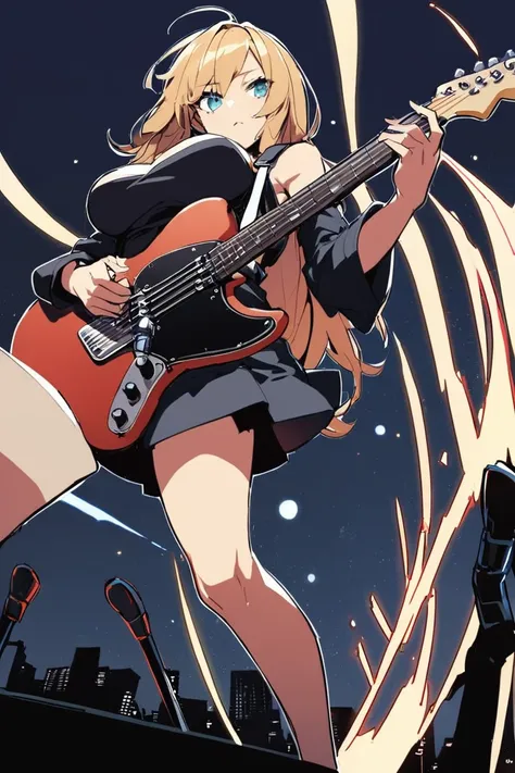 1 girl, play the guitar,  , night, contour, from below, separate sleeves , asymmetrical leg clothing, fender mustang, crop,