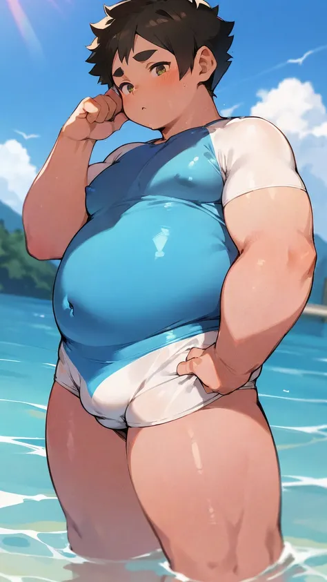 ((androgynous)), beautiful, (very short hair), (pudgy face), (thick), nipples, (へそ),  (ikemen), ((boyish)), (handsome), (chubby), belly, muscular, (beefy), (swimsuits), (