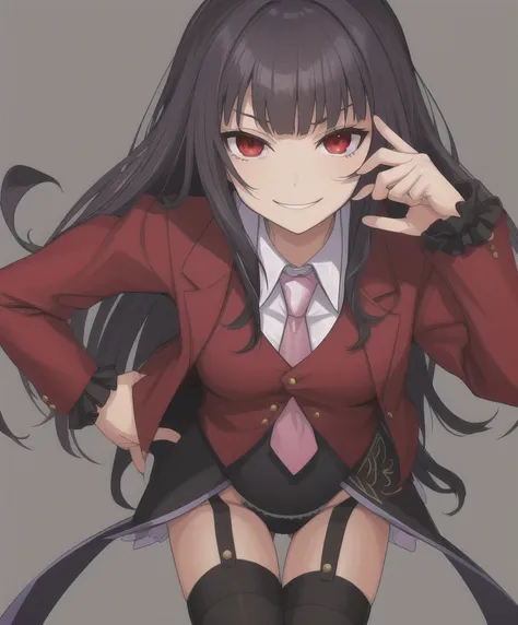 lucifer \(umineko\), red eyes, black hair, hime cut, straight hair, red jacket, cropped jacket, white shirt, undershirt, collare...