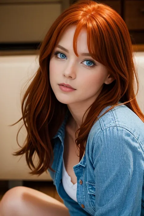 photo réaliste en pied d'une belle femme caucasienne, redhead, with blue eyes, head of&#39;artwork, best quality, 1fille, bare, ...