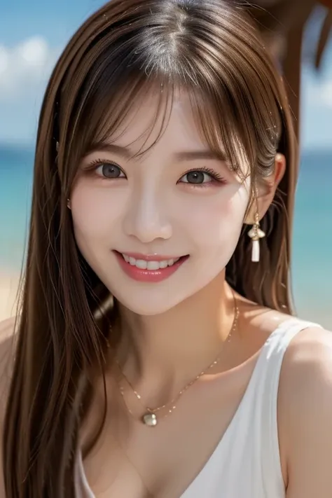 japanese01、((8ｋ))、 highest quality、 (beach）, white elegant clothes, （smiling sweetly at the viewer）,, light brown hair,the body ...