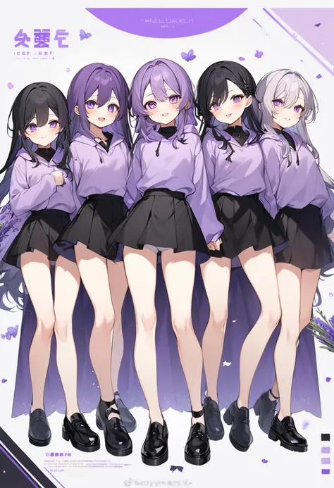 Keito。Purple hoodie。Black Skirt。Purple Eyes。Black Hair。Black shoes下。Black shoes。6 sistery eldest daughter has lavender hair.。all female。Sextuplets