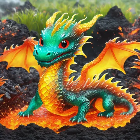 best quality, very good, 1.60,000, ridiculous, extremely detailed, cute dragon，made of translucent boiling lava, background gras...