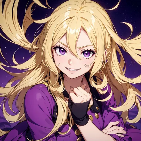 onepiece animation style, platinum gold hair, wavy hair, smile, young girl, lovely girl, bright purple eyes