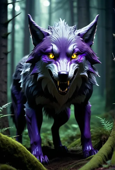 A mysterious creature lurking deep in the cursed forest。Its body resembles that of a large wolf.、The fur is purple and glows strangely.。The eyes are deep yellow、Emitting an eerie light、Captivating to the viewer。Sharp fangs peeking out from its mouth、A low ...