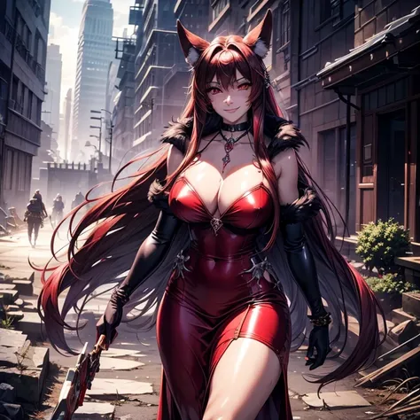 Walk in an apocalypse setting, [Best quality, shaded, extreme details, very detailed, ultra detailed, complex, realistic, perfect face], fenrir woman, thick fur, long hair, (red colored fur), almond eyes, smile discreet, serene face, wears a brooch around ...