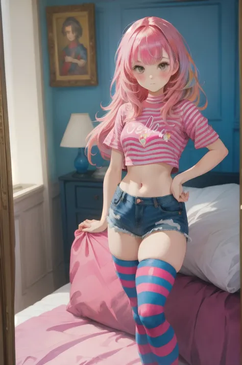 (masterpiece:1.2),(best quality), 1girl, pink hair, crop top, denim shorts, bedroom, striped thighhighs, cute