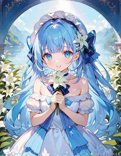 masterpiece, best quality, extremely detailed, (illustration, official art:1.1),adorable  face、 1 girl ,(((( light blue long hair)))),pale blue hair,, long hair ((blush)) , cute face, big eyes, masterpiece, best quality,(((((a very delicate and beautiful g...