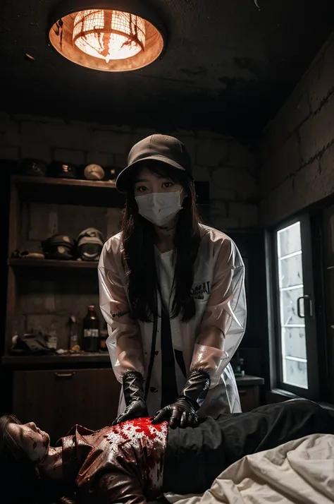 korean girl, (behind corpse, surgical mask), blood splatter, holding knife, stabbing, gloves, room full of blood, transparent raincoat, trucker hat, holding knife, gloves, behind corpse, very long hair, night, mass murderer, robbery, torture chamber, dark ...