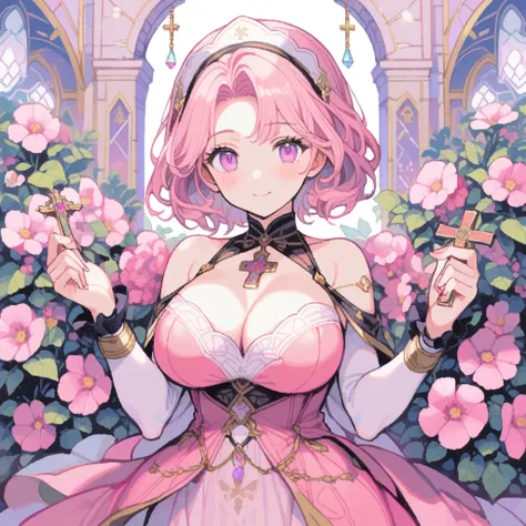 1girl、Althaea rosea、「ambition」「ambition」「Abundant fruiting」「Noble and dignified beauty」、Hollyhock、Greedy Smile、With an ambitious expression, he holds a jeweled cross in his hands、Big Breasts、Big Tits、tegaki, pink eyes, pink hair, wavy short hair, pink dres...