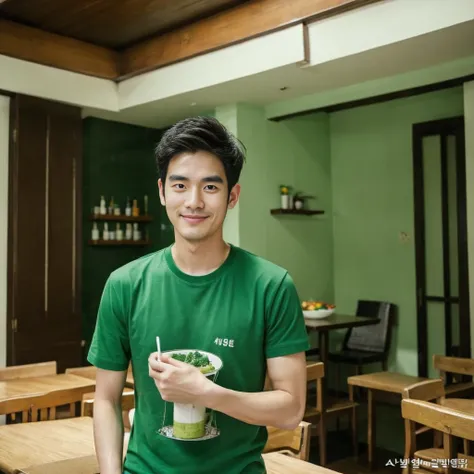 独奏:1.3 ,Korean man, Inspiration from Peng Yuyan, 30 years old, 236 years old, Cute Korean Face, 35 yo, 33 year old Korean muscular man，The dining room is in the back. green t-shirt