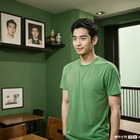 独奏:1.3 ,Korean man, Inspiration from Peng Yuyan, 30 years old, 236 years old, Cute Korean Face, 35 yo, 33 year old Korean muscular man，The dining room is in the back. green t-shirt