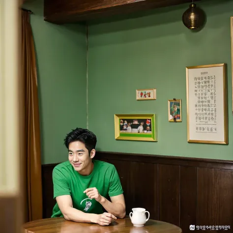 独奏:1.3 ,Korean man, Inspiration from Peng Yuyan, 30 years old, 236 years old, Cute Korean Face, 35 yo, 33 year old Korean muscular man，The dining room is in the back. green t-shirt