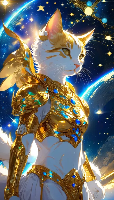 ((8K)), highest quality, 超High resolution, (High resolution),A cat dressed in the outfit of a Gold Saint from the anime Saint Seiya, floating in the vast expanse of outer space. The cats armor shines brightly, reflecting the stars around it