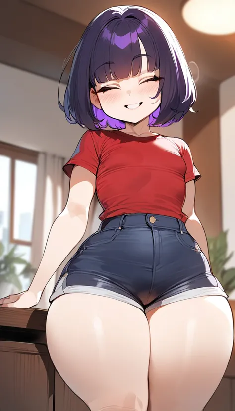 (best quality,masterpiece) thicc, 1 woman, flat chest, wide hips, thick thighs, happy, bob haircut, eyes closed, black hair, asian, small waist, short, shortstack, shorts, overzised red shirt,purple hair, apartment background
