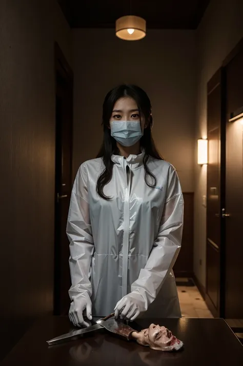 korean girl, (behind corpse, surgical mask), blood splatter, holding knife, stabbing, gloves, room full of blood, transparent raincoat, trucker hat, holding knife, gloves, behind corpse, very long hair, night, mass murderer, robbery, in the hotel, dark atm...