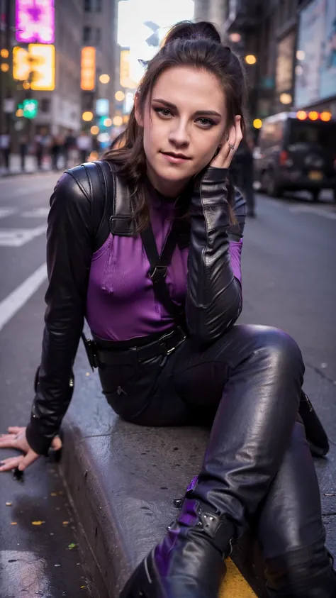 (masterpiece), (photorealistic1.4), (epiCRealLife), (lora:KateBishopFNLoRA:1.0 ribbed bodysuit costume), (KateBishopFNLoRA black leather pants), (KateBishopFNLoRA utilities belt), (leg holster) (KateBishopFNLoRA black gloves), (Kate Bishop Purple Costume),...