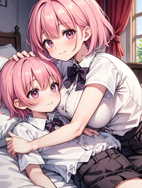 masterpiece, Highest quality, so beautiful, absurdes,High resolution,One girl, One boy,Cuddling in bed, like,sexly,Look at each one, blush,Age difference,bow tie,bionde,chest,Long Hair,Pink Hair,Tucked in shirt,short hair,skirt,smile,Tent shirt,Slut,Big br...