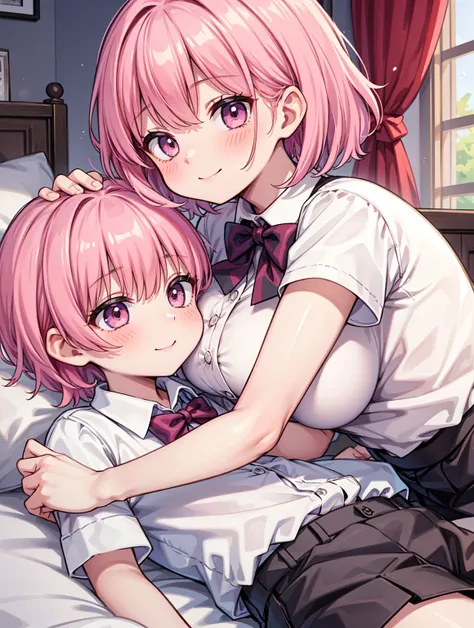 masterpiece, Highest quality, so beautiful, absurdes,High resolution,One girl, One boy,Cuddling in bed, like,sexly,Look at each one, blush,Age difference,bow tie,bionde,chest,Long Hair,Pink Hair,Tucked in shirt,short hair,skirt,smile,Tent shirt,Slut,Big br...