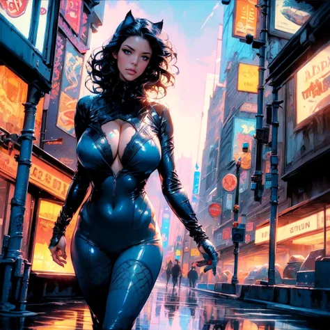 cowboy shot, 1girl, provocative catwoman outfit, fishnets thighs, skindentation, deep cleavage, gigantic teardrop breasts, sagging breasts, city street, blue sky, cinematic lighting, hyper detailed, high resolution, photorealistic, 8k, masterpiece, intrica...