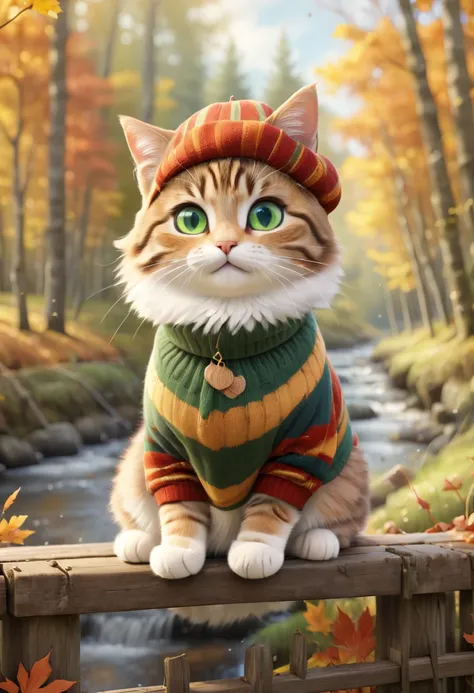 Create an adorable digital painting of a playful tabby cat with stripes and green eyes. The cat is wearing a cozy autumn-themed sweater and a small beret. It is sitting on a wooden fence by a scenic autumn forest, with vibrant leaves falling and a peaceful...