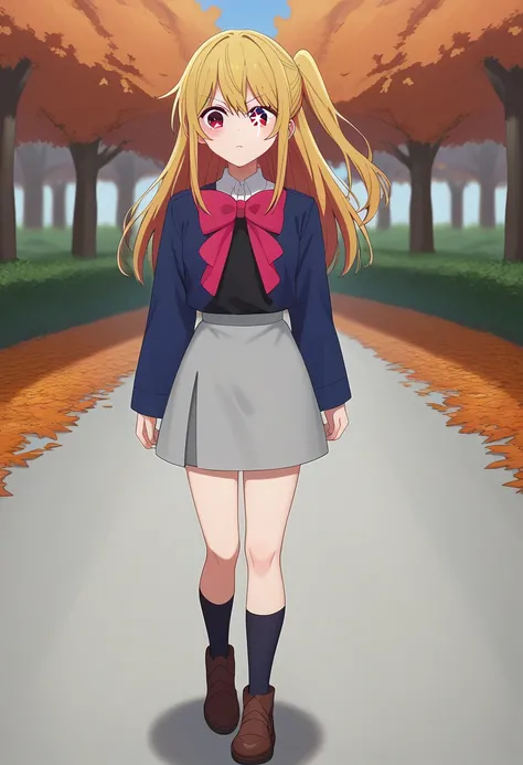 score_9, score_8_up, score_7_up, BREAK source_anime, 1girl, hoshino ruby, blonde hair, long hair, one side up, red eyes, mismatched pupils, star-shaped pupils, , red bow, grey skirt, raised eyebrow, one knee, autumn , standing, full body