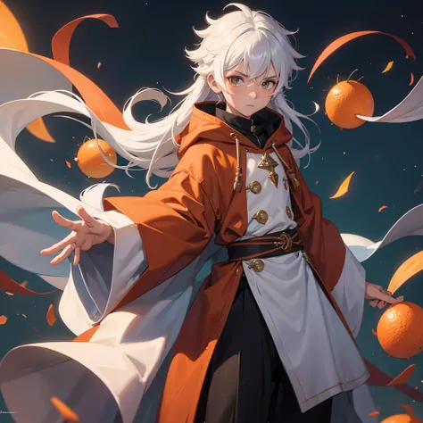 Create a 10 year old boy who has fluffy white hair, an orange wizard&#39;s cloak, an orange wizard&#39;s hat, a white tie and a cute happy face who is making a 2 with his fingers 