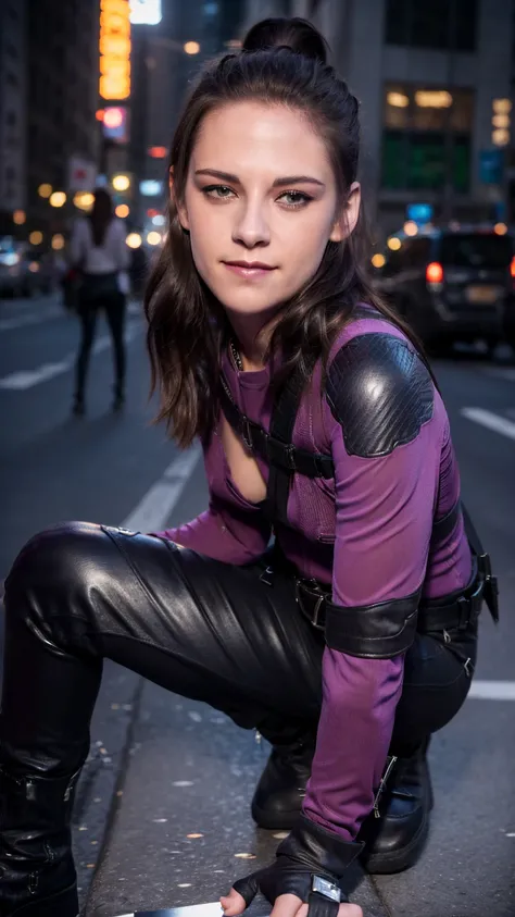 (masterpiece), (photorealistic1.4), (epiCRealLife), (lora:KateBishopFNLoRA:1.0 ribbed bodysuit costume), (KateBishopFNLoRA black leather pants), (KateBishopFNLoRA utilities belt), (leg holster) (KateBishopFNLoRA black gloves), (Kate Bishop Purple Costume),...