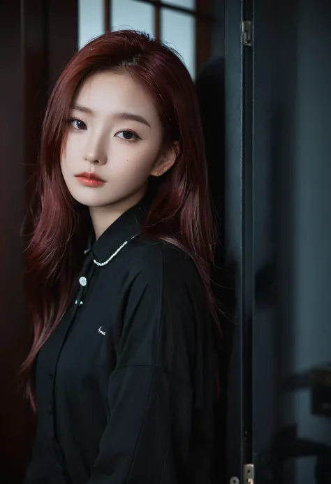 Portrait of a beautiful 18 year old girl, Red hair, Gorgeous Chinese, Wearing cotton, at the door, (Dark private office, Dark melancholy light: 1.2)