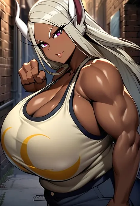 mirko,1girl,solo,Mature Woman,dark brown skin,Females in heat,Super huge breasts,Whipped thighs,plump,fighting pose,Looking at viewer,I see them as the enemy,back alley