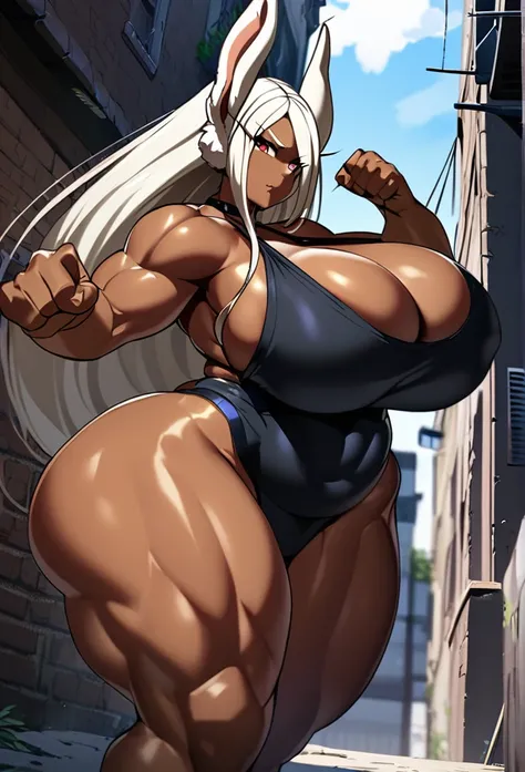 mirko,1girl,solo,Mature Woman,dark brown skin,Females in heat,Super huge breasts,Whipped thighs,plump,fighting pose,Looking at viewer,I see them as the enemy,back alley