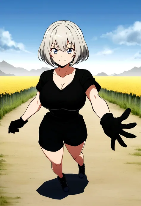 anime　anime　whole　Semi-short hair　Short Bob　Gray Hair　woman　Big Breasts　Gray Hair　Shorts　Black V-neck T-shirt　　anime 　whole body　　anime　whole body　smile　３３age　whole　anime画像　Black gloves　cool　　anime　黒いShorts　　Big Breasts　anime　　anime　field　Black V-neck T-sh...