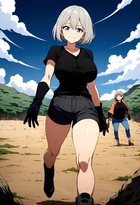 anime　anime　whole　Semi-short hair　Short Bob　Gray Hair　woman　Big Breasts　Gray Hair　Shorts　Black V-neck T-shirt　　anime 　whole body　　anime　whole body　smile　３３age　whole　anime画像　Black gloves　cool　　anime　黒いShorts　　Big Breasts　anime　　anime　field　Black V-neck T-sh...