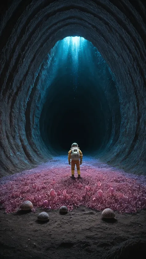  realistic,score_9, score_8_up, score_7_up, 
cavernous environment, mystical, massive pink-hued toad, lone astronaut figure, toad skin texture, lilac and cerulean shades, celestial bodies, dark cave backdrop, jagged rock formations, iridescent moss, lumino...