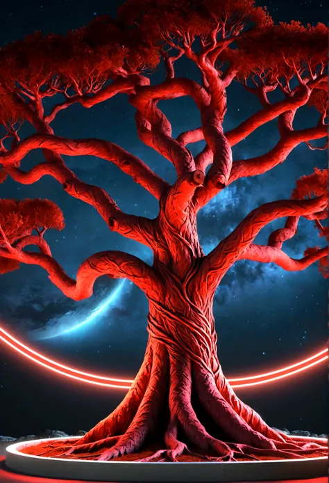 yggdrasil tree, red, neon, infinity, beautiful, realistic, high detail, high resolution