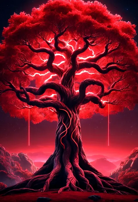 yggdrasil tree, red, neon, infinity, beautiful, realistic, high detail, high resolution