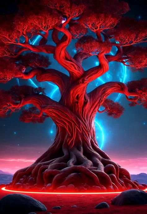 yggdrasil tree, red, neon, infinity, beautiful, realistic, high detail, high resolution