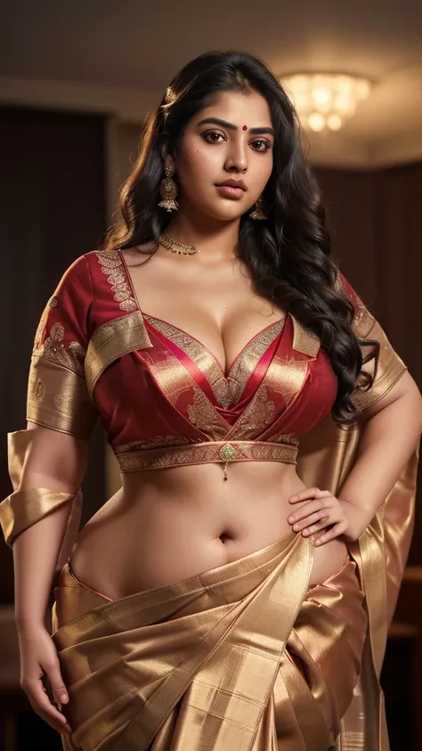 8K, ultra-high quality image of a very tall, very fat girl with a curvy figure, wearing a detailed saree and deep neck blouse. Full-body, photo-realistic, sharp focus with glowing chest, wavy hair, and detailed facial features. Looking directly at the came...