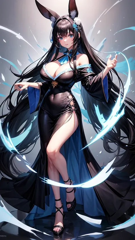 Full body illustration of a girl with very large breasts。Hime cut with long black hair、She has straight bangs and blue eyes.。She is wearing an elegant off-the-shoulder blue dress.、Very long black rabbit ears hanging down at each side。