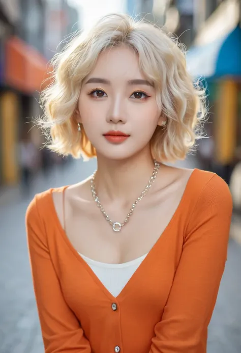 Curly Bob Hairstyle, Platinum blonde haired woman in orange collared shirt posing for photo in the city, 8k Artistic German Bokeh, Well-proportioned body, Beautiful Korean woman, Gorgeous necklace, Young beautiful Korean woman, Soft portrait shots 8 k, Kor...