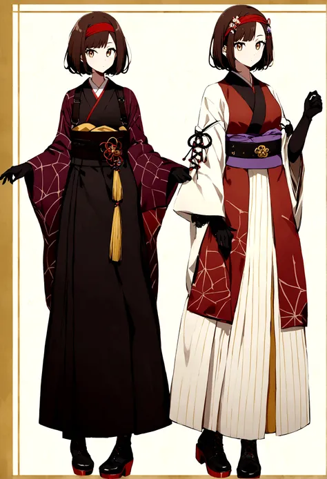 t is an anime-style character. The character is a young woman with bobbed, dark brown hair and golden eyes. She wears a traditional Japanese kimono with a modern twist. The lining of the kimono is red and dark purple with a spider web pattern on the sleeve...