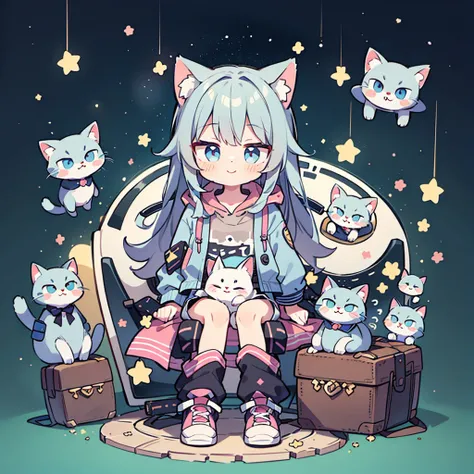 ((Highest quality，masterpiece，Extremely complex and exquisite details，A short girl with gray and blue cat ears and long hair is in the center，Gray blue super long straight hair，Curly hair at the ends，Sparse air bangs，Gray and pink T-shirt，Denim hooded crop...