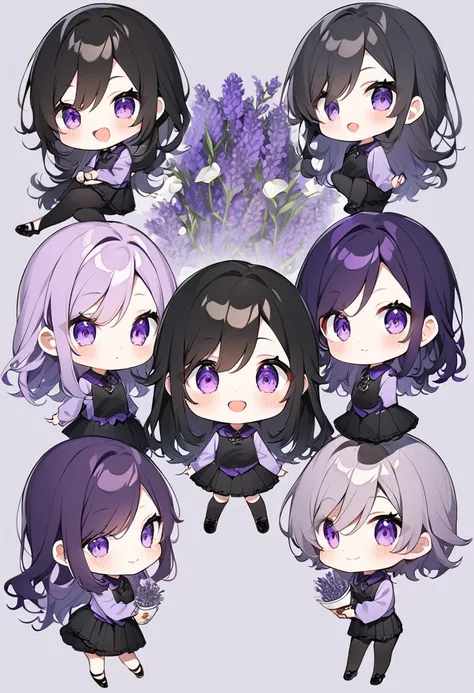 Keito。Purple hoodie。Black Skirt。Purple Eyes。Black Hair。Black shoes下。Black shoes。6 sistery eldest daughter has lavender hair.。all female。Sextuplets