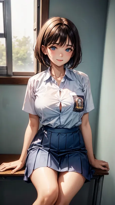 1 woman, 17 years old, (short haircut, brown hair), scared face expression, plump body, blue eyes, Indonesian high-school uniform, (wearing transparent white shirt, showing bra), osis logo on shirt pocket, huge XL breasts, light-grey pleated skirt, sitting...