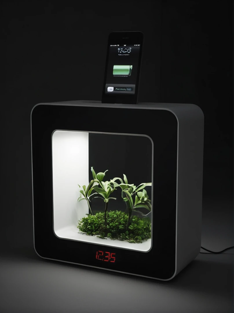 a close-up of a clock with a plant inside, product design, stunning high-tech, 3D iOS room photo, ecosystem, technology and nature in harmony, moss, futuristic product design, vibrant environment, mood lighting, technology and nature, bioluminescent networ...