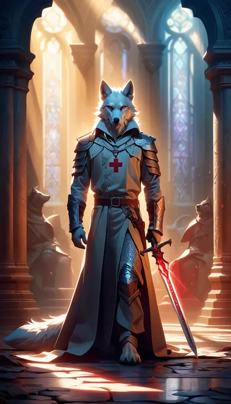 fantasy art style, a templar (white anthro wolf), (alone) dressed in chain mail and trench coat armor with a red cross drawn on it, posing with his sword resting on the ground, a divine light coming from the sky, intricate design, dynamic light , high deta...