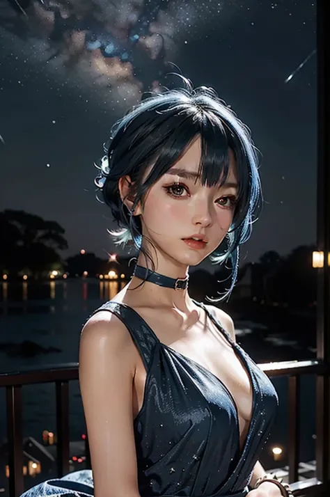 Blue haired girl character、Night scene with starry sky background、Wearing a gorgeous dress、Subtle details、A fantastic atmosphere、Anime style