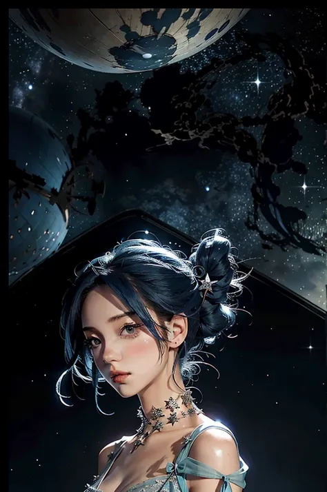 Blue haired girl character、Night scene with starry sky background、Wearing a gorgeous dress、Subtle details、A fantastic atmosphere、Anime style